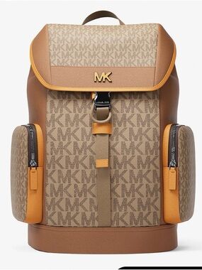 Michael Kors Beige & Tan MK Logo Backpack with Caramel Trim